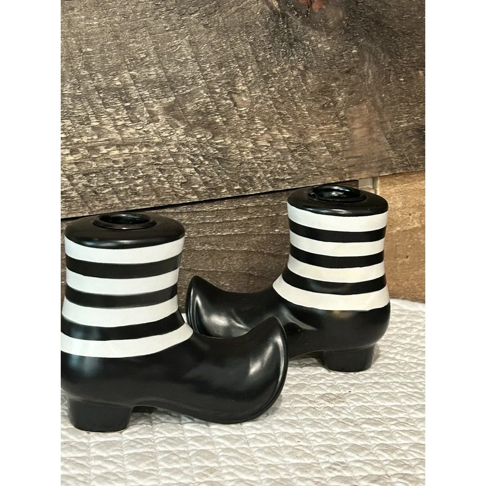 Vintage Ceramic Boots Candle Stick‎ Holder Shoe Figurines Black White Stripe